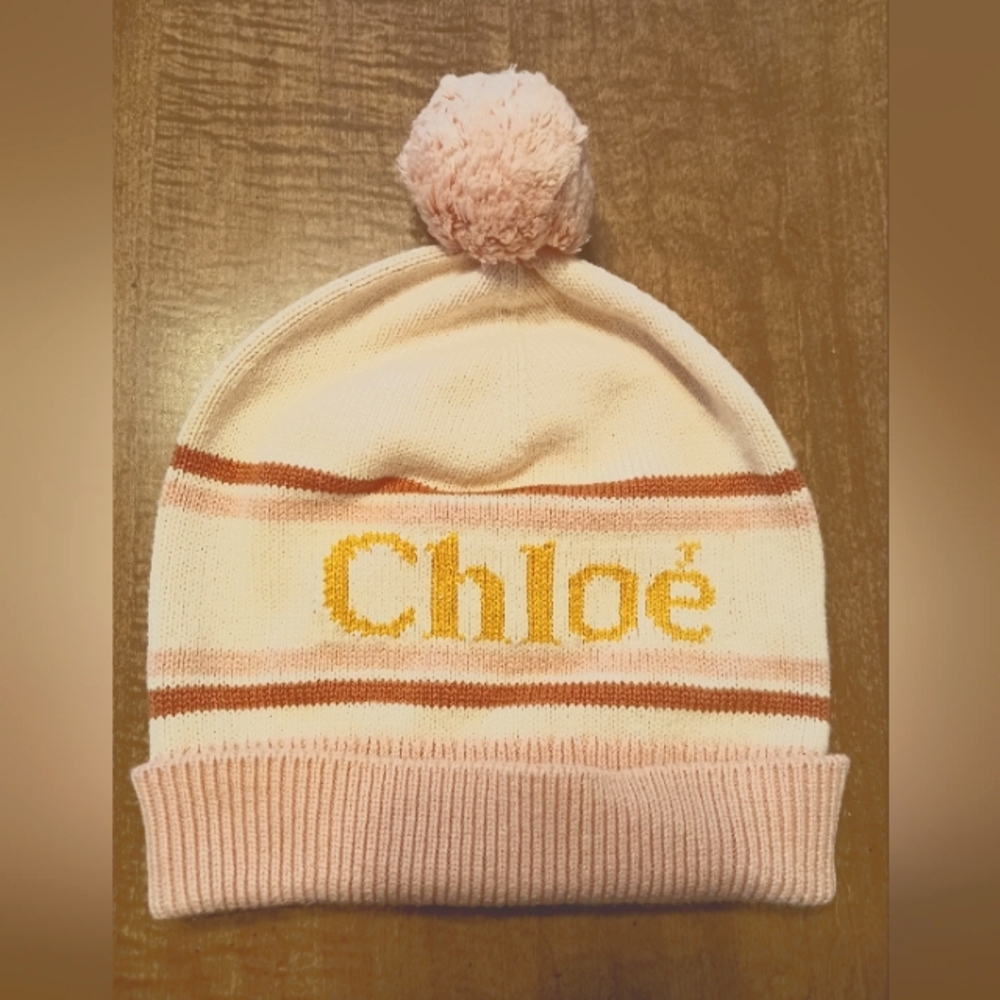 Chloé Pink and Yellow Knit Beanie Hat Logo